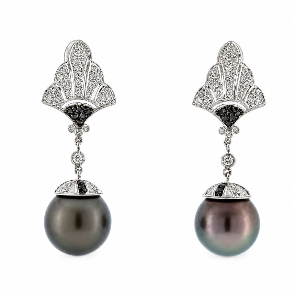 18K White Gold South Sea Tahitian Pearl & Diamond Drop Earrings