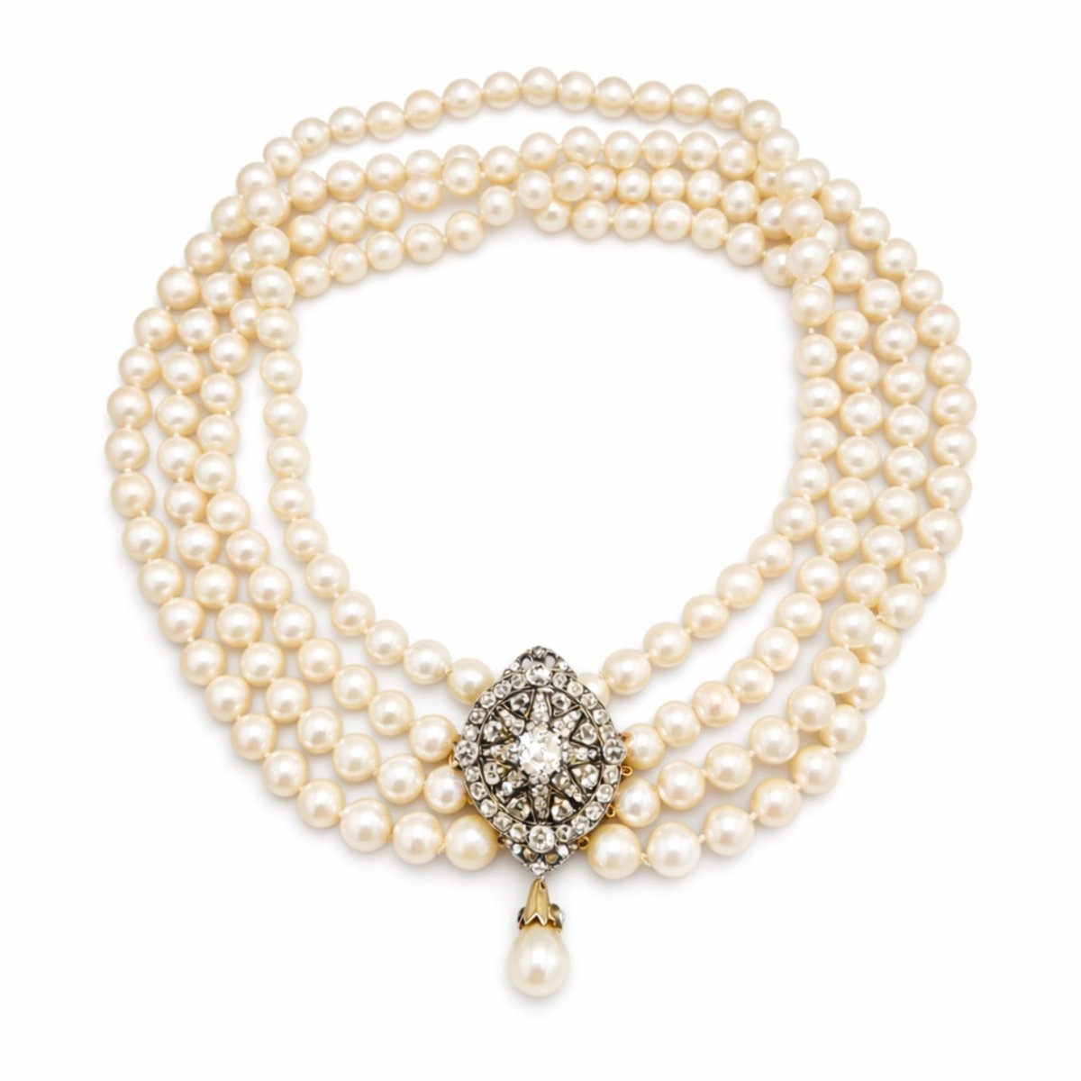 18K Yellow Gold & Silver Top Pearl & Diamond Necklace