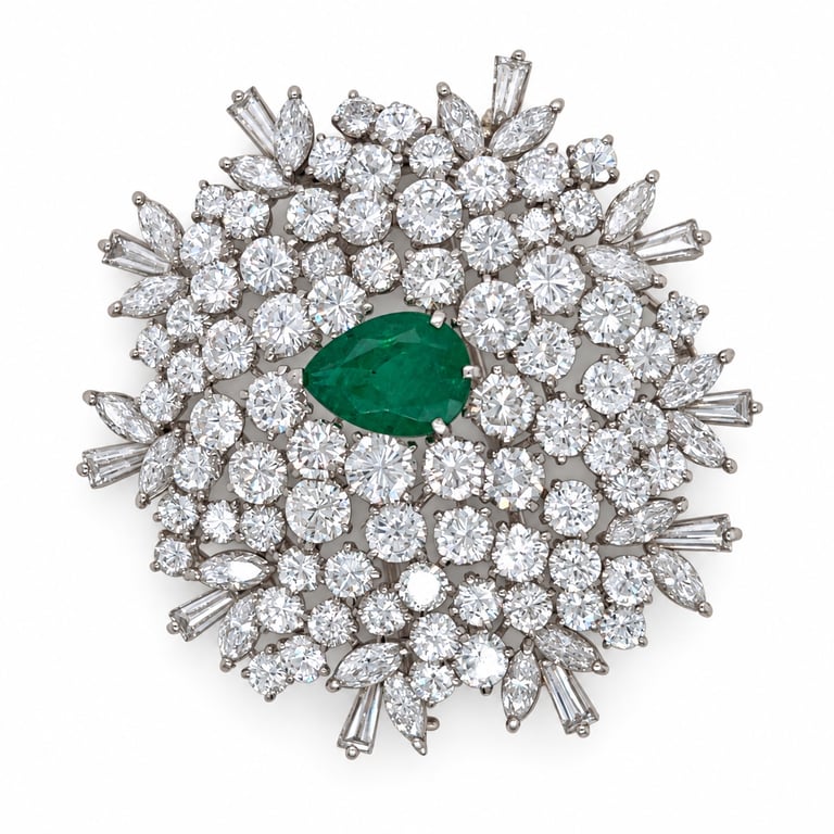 Platinum 23.00 Ct. Diamond & Colombian Emerald Brooch