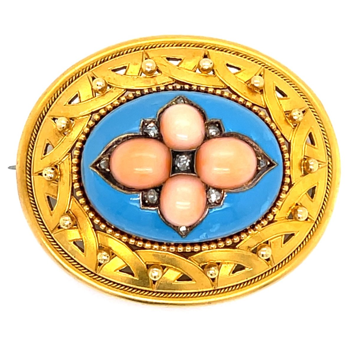 Victorian 18K Yellow Gold Diamond & Coral Brooch