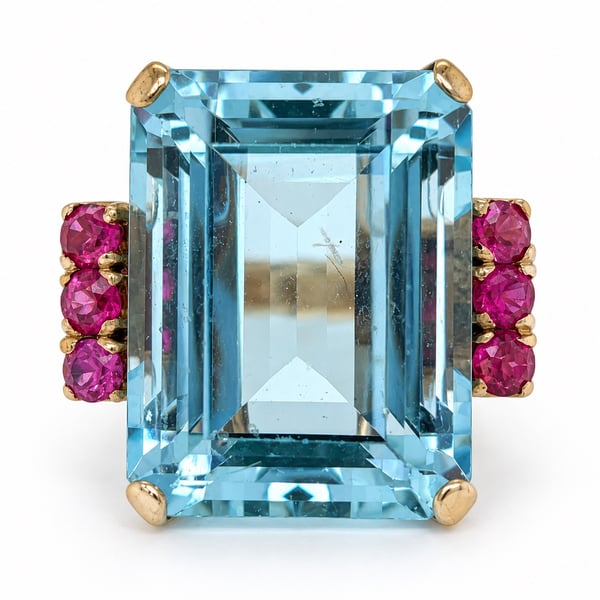 1960’s 14K Yellow Gold Aquamarine & Synthetic Ruby Ring