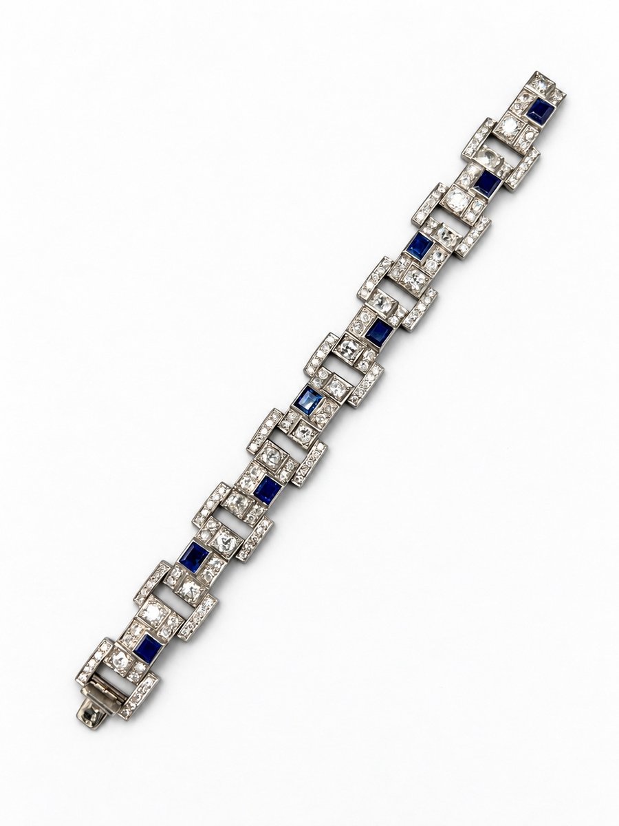 French Art Deco Platinum Diamond & Sapphire Bracelet
