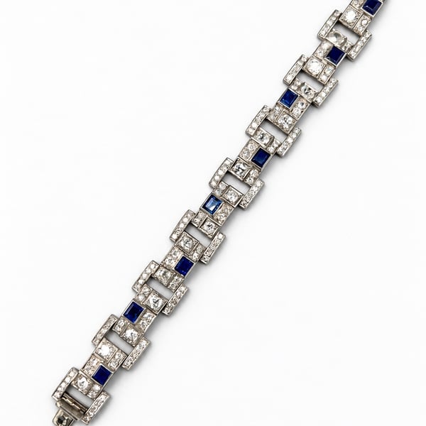 French Art Deco Platinum Diamond & Sapphire Bracelet