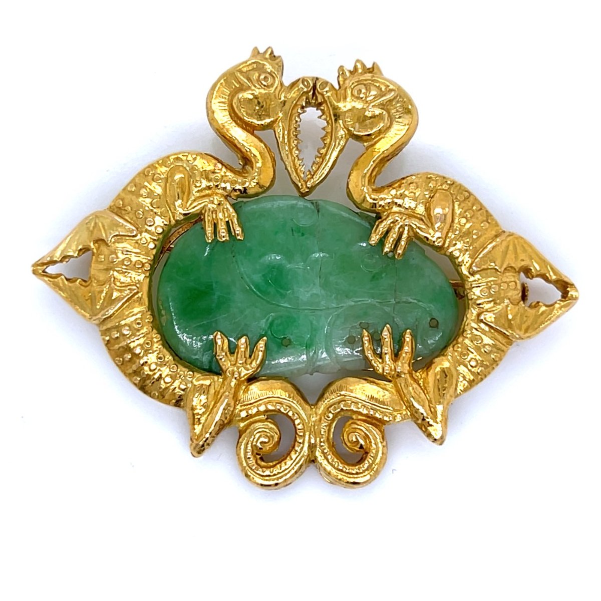 18K Yellow Gold Carved Jade Dragons Brooch/Pendant