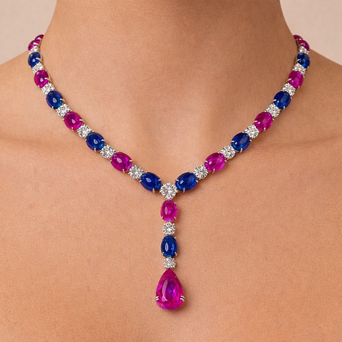 GIA Certified Pink Sapphire, Diamond, Ruby, & Sapphire Necklace
