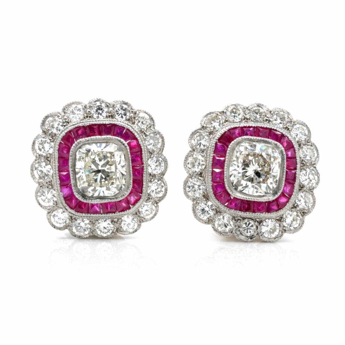 Platinum & 18K White Gold Diamond and Ruby Earrings