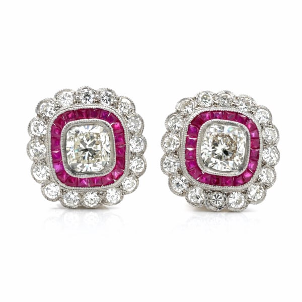 Platinum & 18K White Gold Diamond and Ruby Earrings
