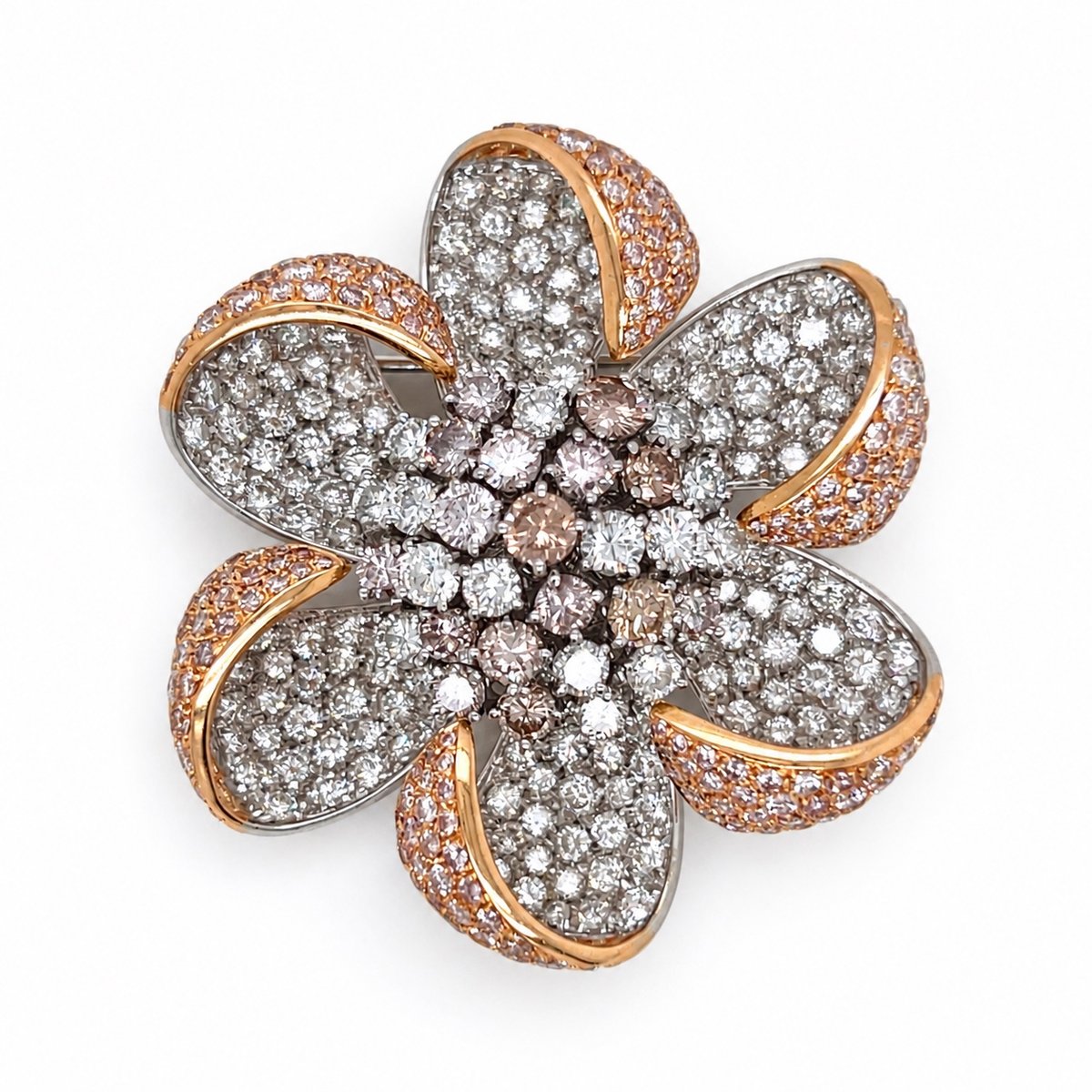 18K Yellow & White Gold Natural Color Diamond Flower Brooch