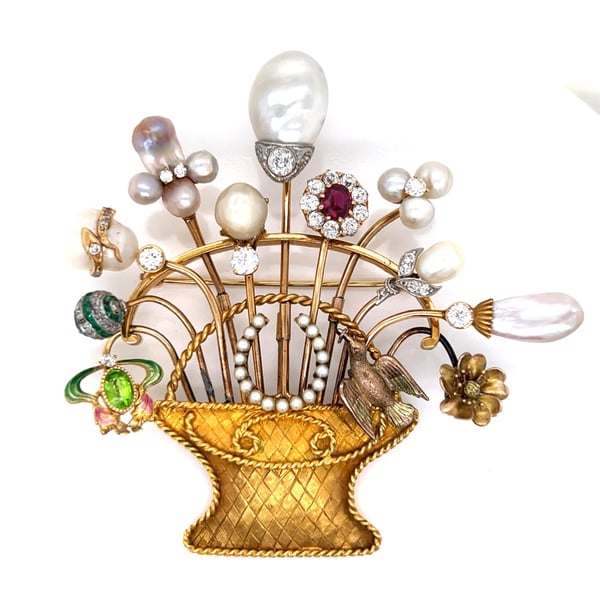 Antique 18K & 14K Yellow Gold Natural Pearl and Diamond Brooch
