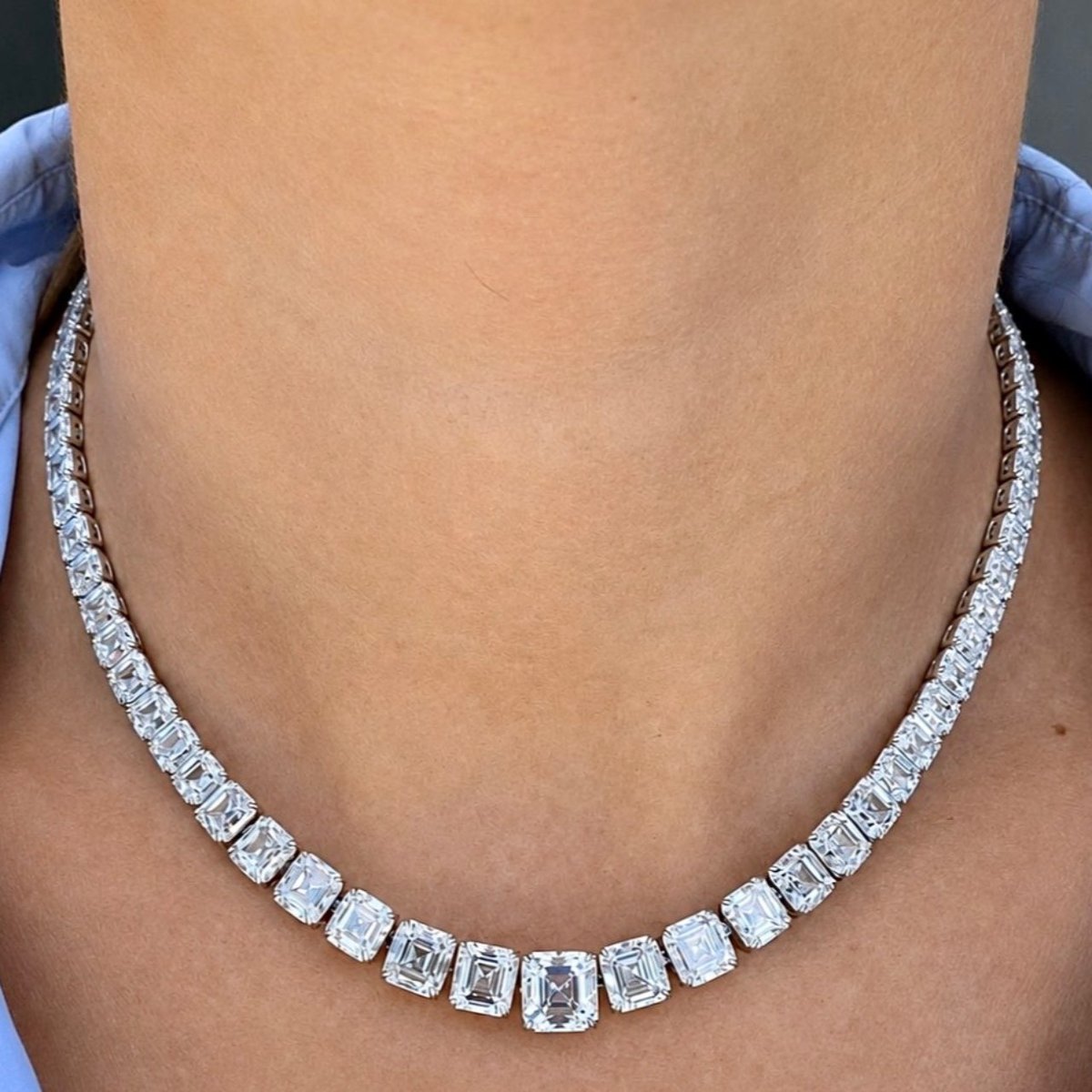 Platinum GIA Certified 77.68 Ct. Graduated Ascher-cut Diamond Necklace