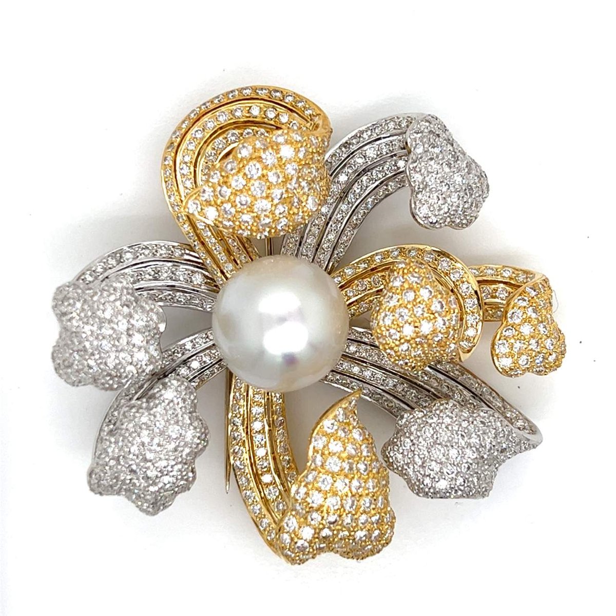 18K Yellow & White Gold South Sea Pearl and Diamond Brooch
