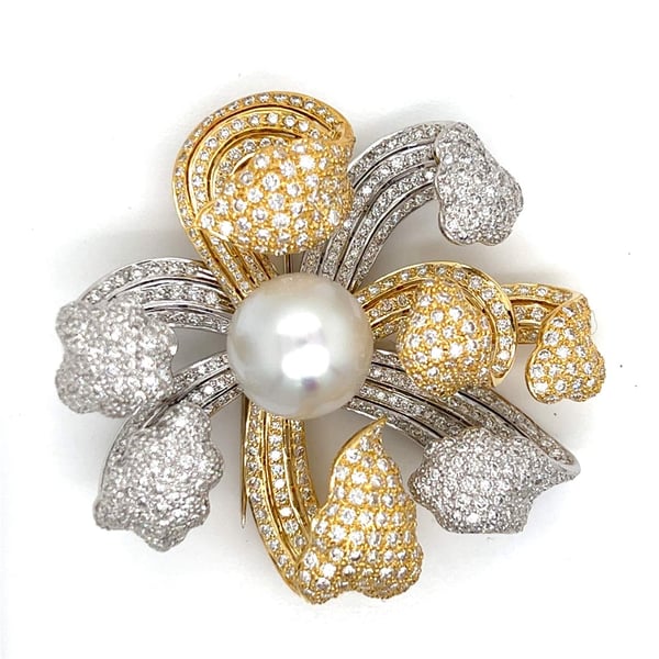 18K Yellow & White Gold South Sea Pearl and Diamond Brooch