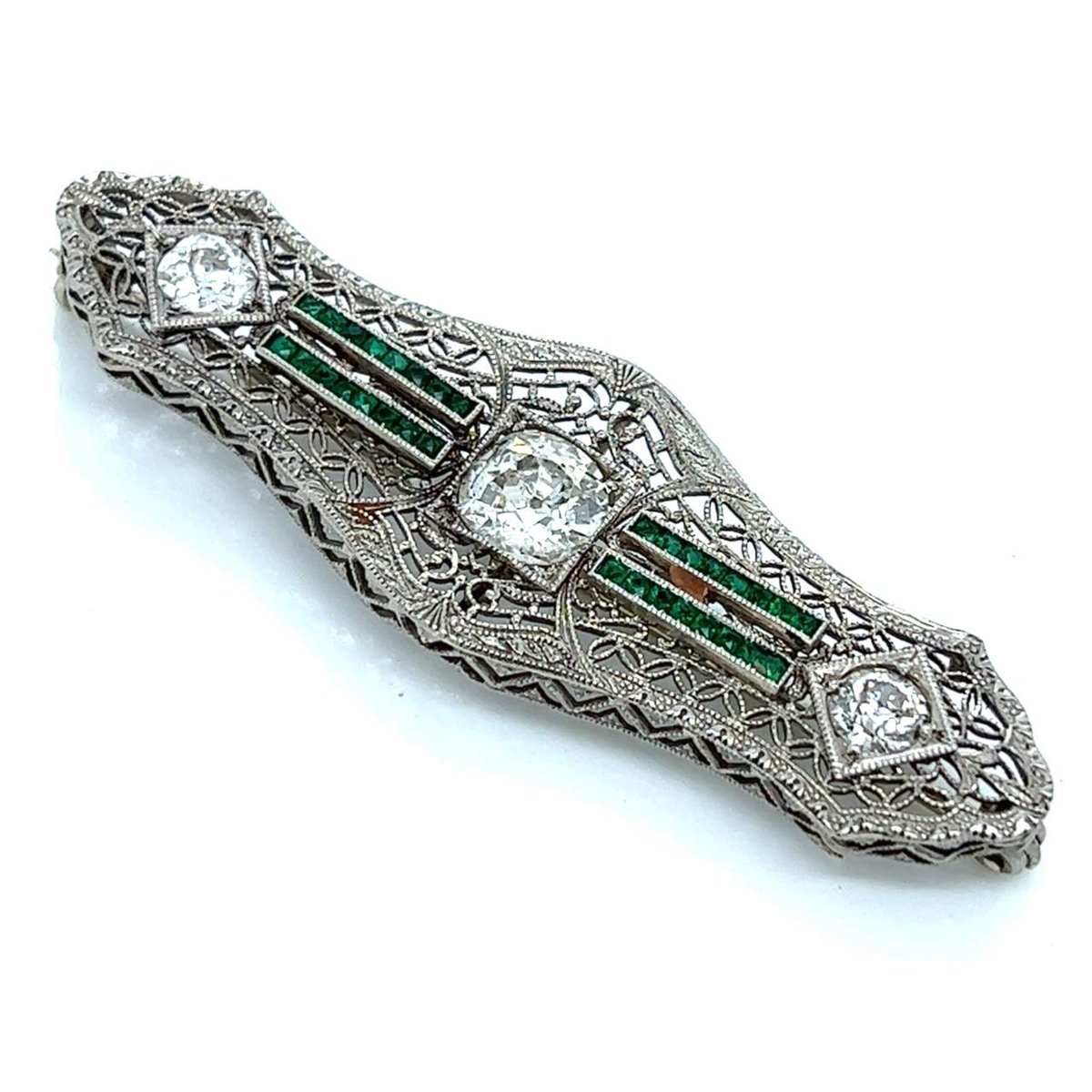 1950's 14K White Gold Filigree Diamond & Emerald Brooch