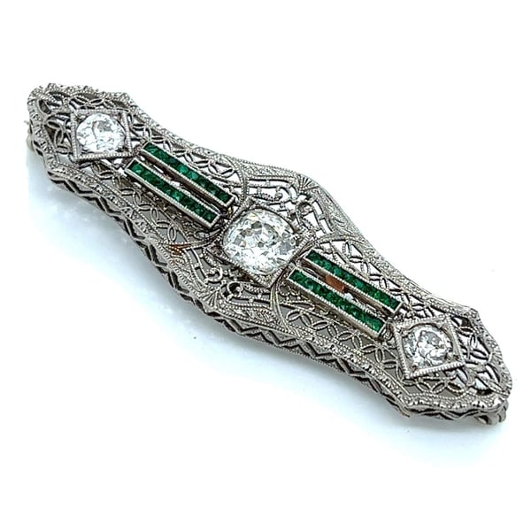 1950's 14K White Gold Filigree Diamond & Emerald Brooch