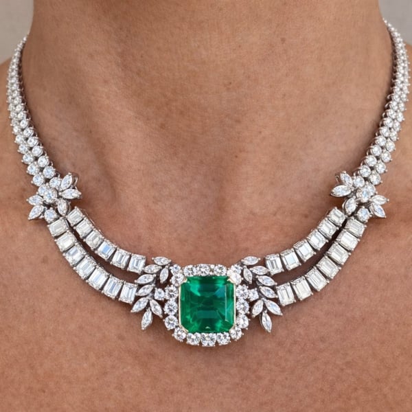 1950's 18K White Gold Gubelin Certified Colombian Emerald & Diamond Necklace