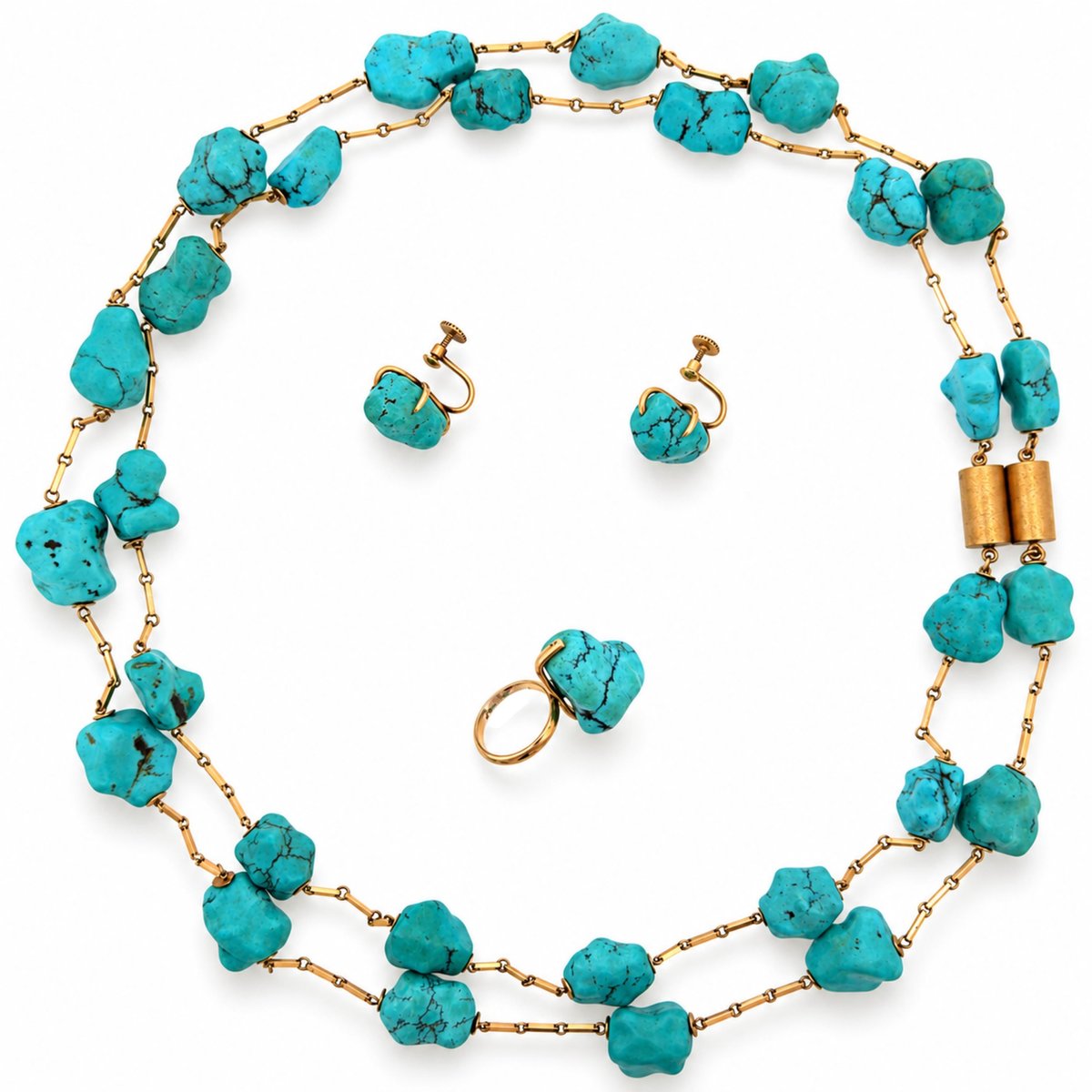1960’s 14K Yellow Gold Turquoise Necklace, Earrings, and Ring Set