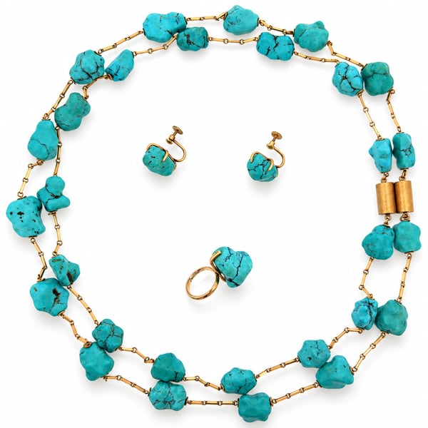 1960’s 14K Yellow Gold Turquoise Necklace, Earrings, and Ring Set