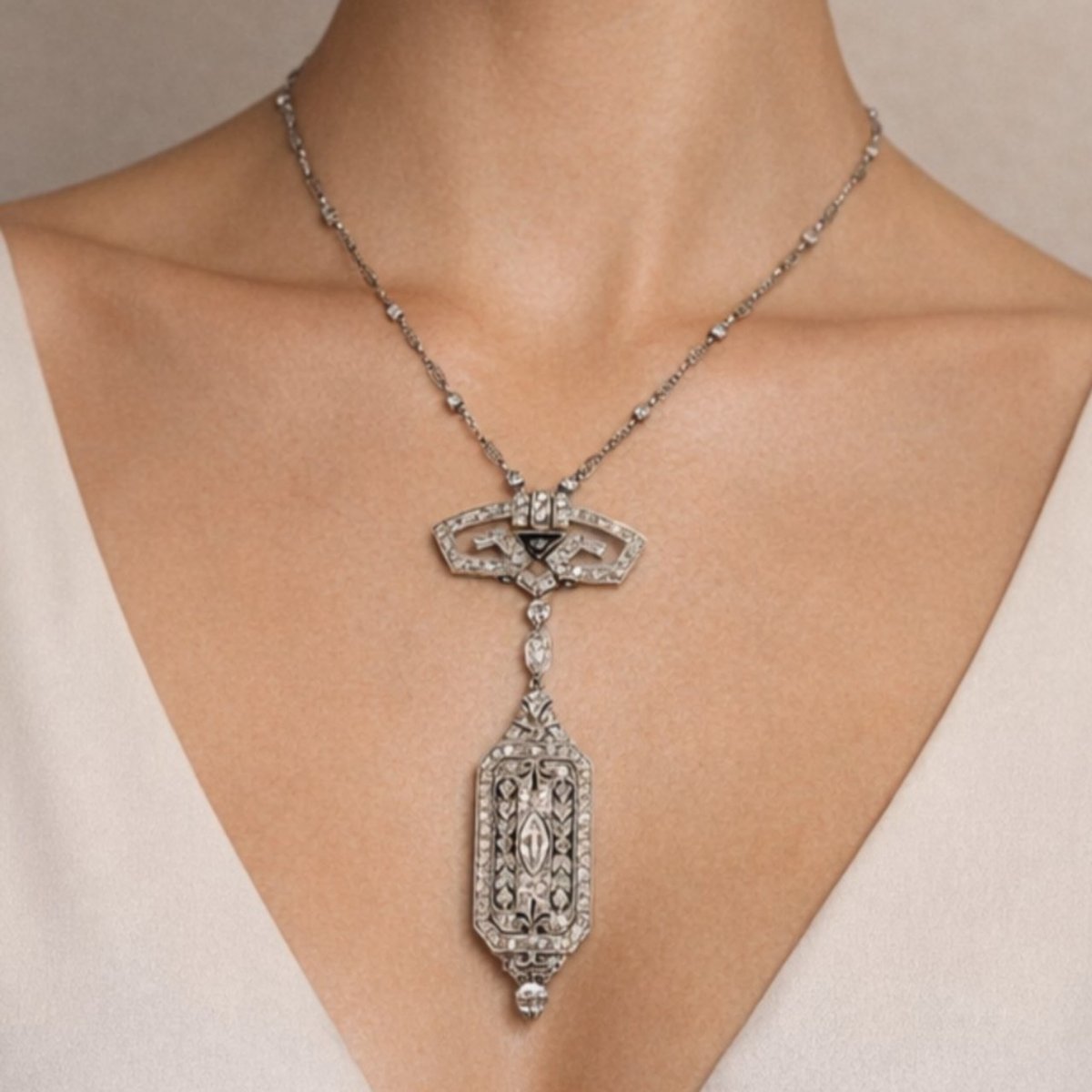 French Art Deco Platinum Diamond Watch Pendant on Diamond by the Yard Necklace