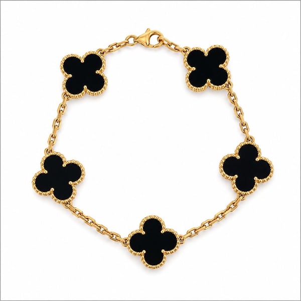 VAN CLEEF & ARPELS 18K Yellow Gold Onyx Alhambra Collection Bracelet