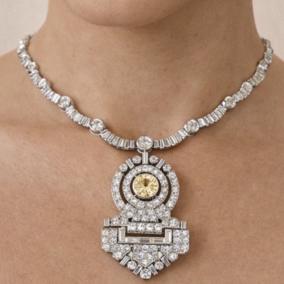 Art Deco French Platinum Diamond Necklace
