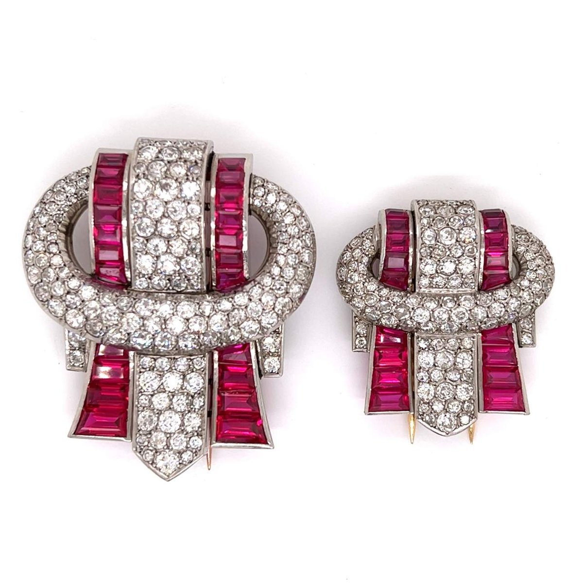 Incredible Art Deco Platinum Diamond & Synthetic Ruby Clips