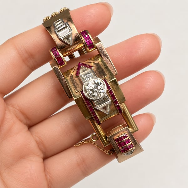 1960's 14K Rose Gold Diamond & Ruby Bracelet