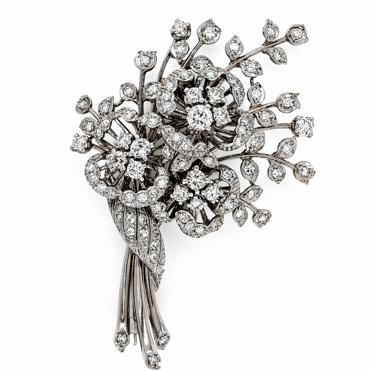 Retro Platinum 4.70 Ct. Diamond Flower Bouquet Brooch