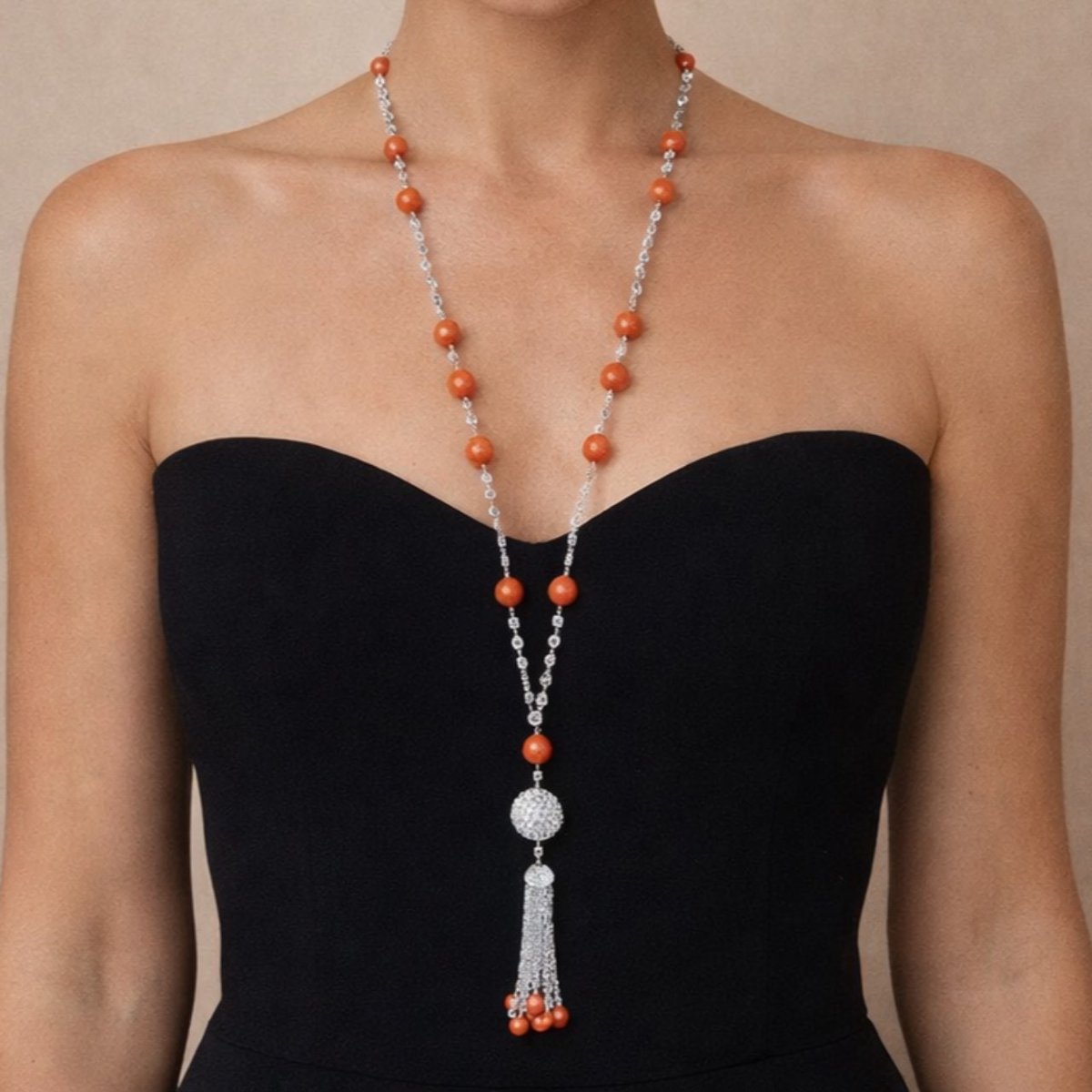 18K White Gold 70.00 Ct. Diamond & Coral Necklace