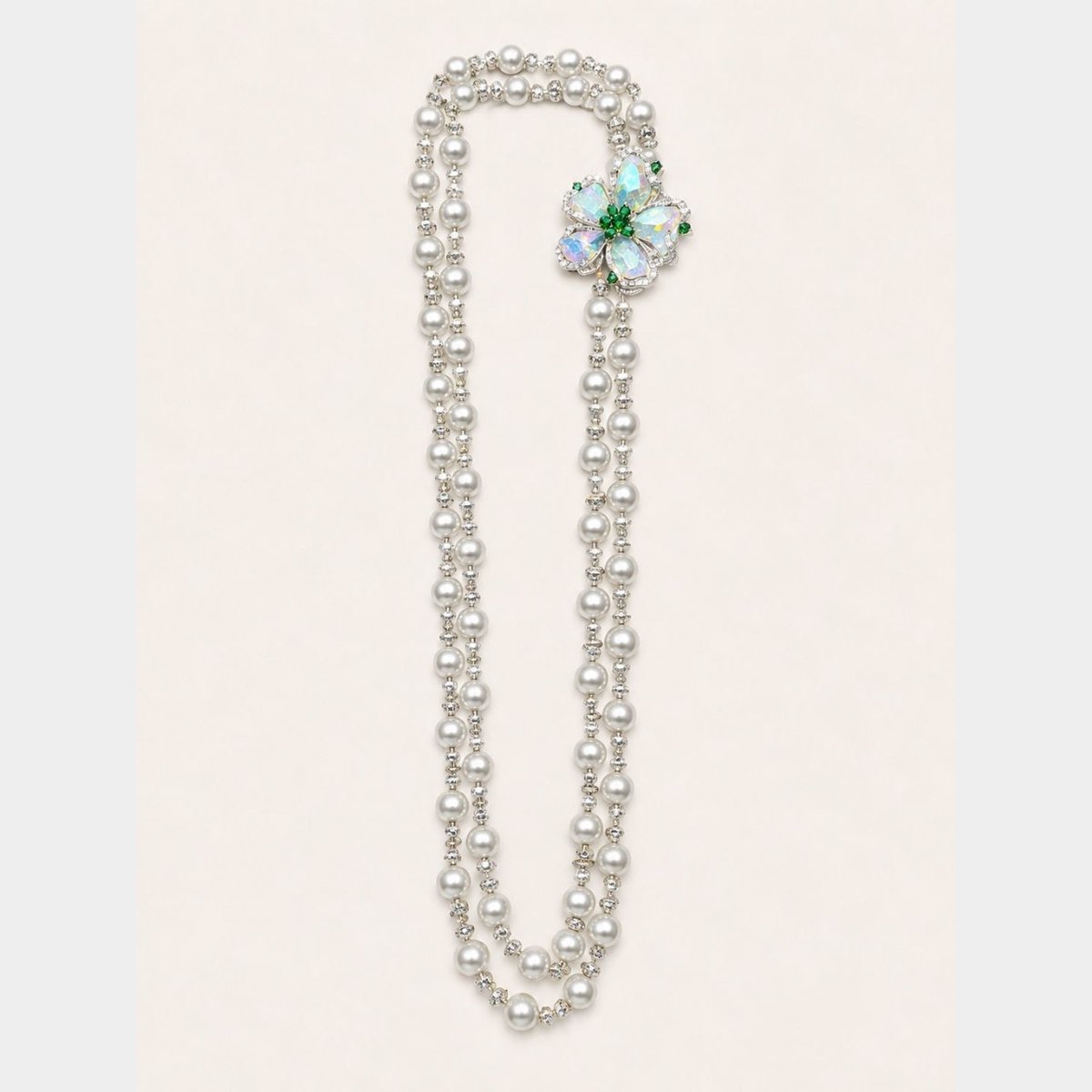 SCHREINER 18K White Gold South Sea Pearl, Diamond, Opal, and Emerald Necklace