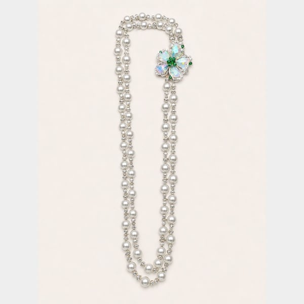SCHREINER 18K White Gold South Sea Pearl, Diamond, Opal, and Emerald Necklace