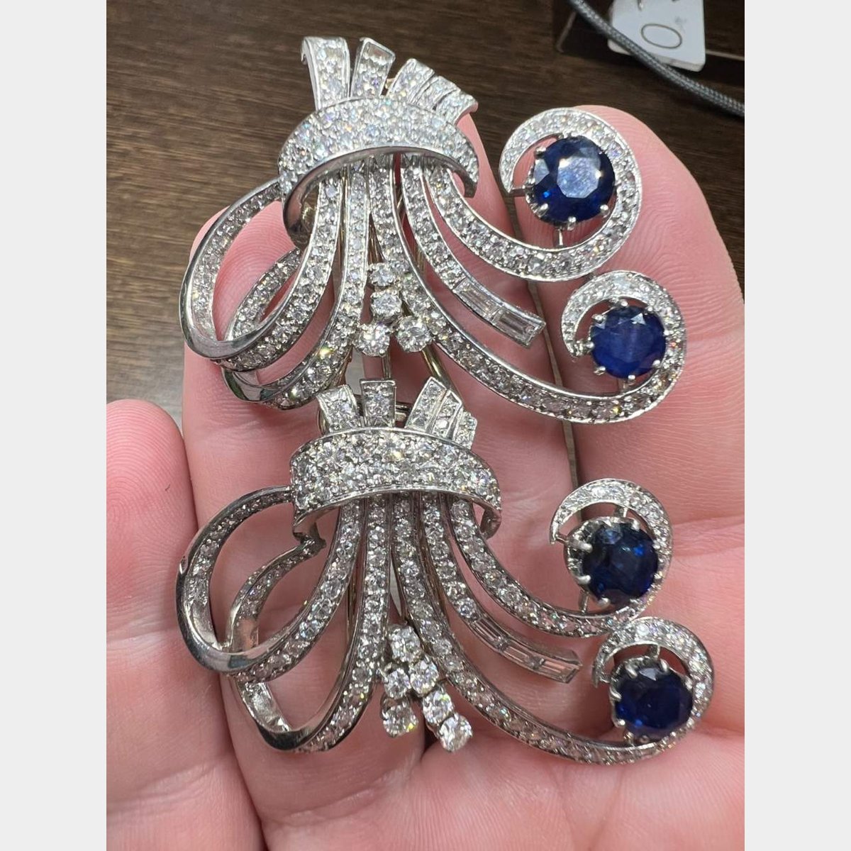 French Art Deco Diamond and Sapphire Brooch
