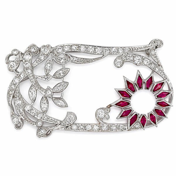 Art Deco Platinum Ruby & Diamond Brooch
