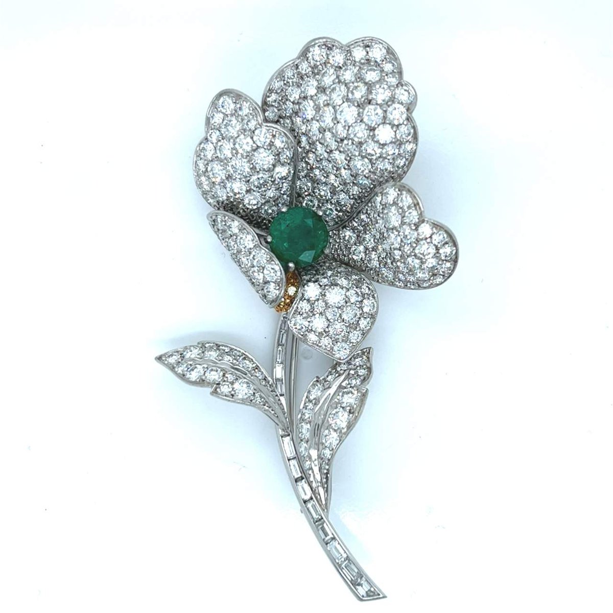 Platinum Emerald & Diamond Flower Brooch