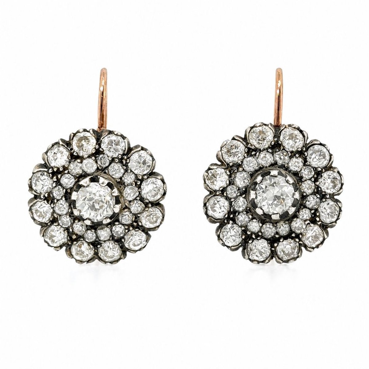 18K Rose Gold & Silver Diamond Cluster Earrings