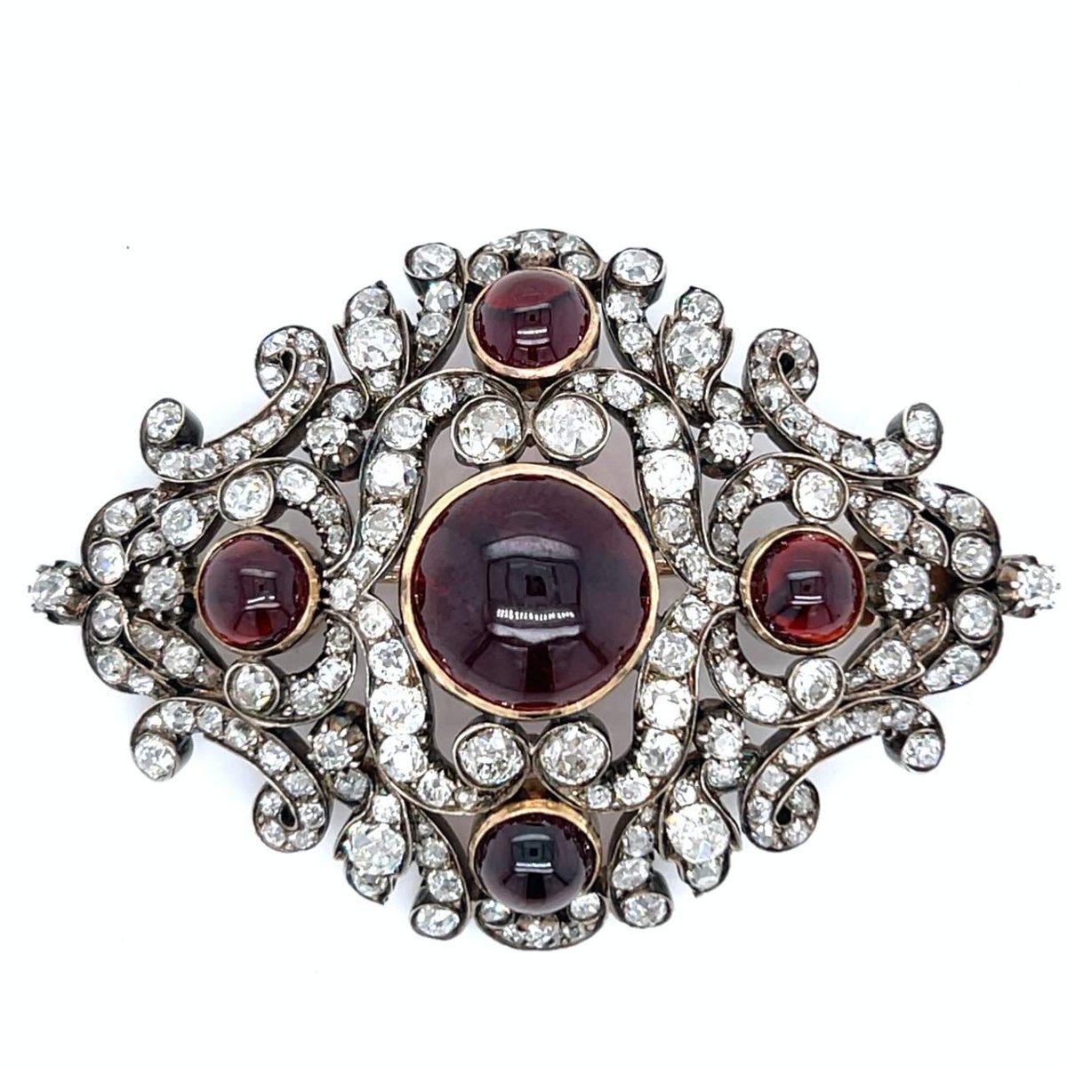 Victorian 14K & Silver Top Diamond and Garnet Brooch