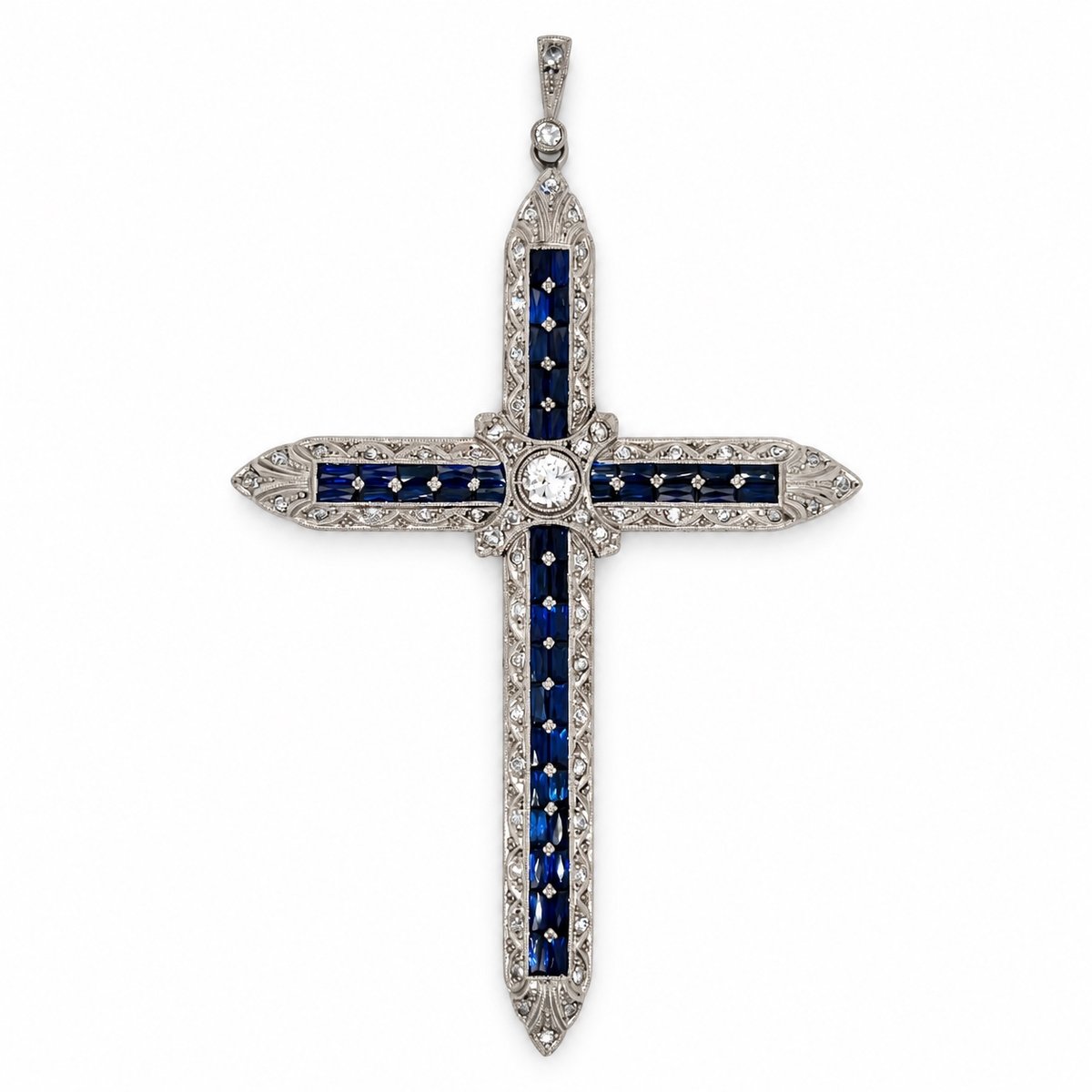 Art Deco Platinum Synthetic Sapphire & Diamond Cross Pendant