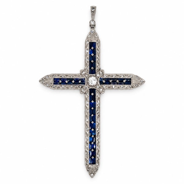 Art Deco Platinum Synthetic Sapphire & Diamond Cross Pendant