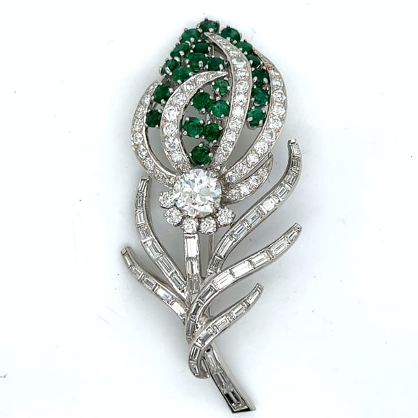 1950’s Platinum Emerald & Diamond Flower Brooch