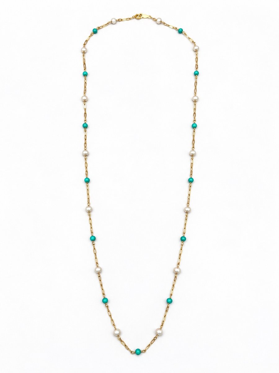 14K Yellow Gold Turquoise & Pearl Necklace