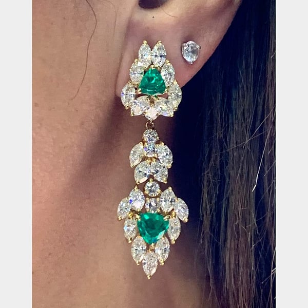 18K Yellow Gold Emerald and Diamond Earrings