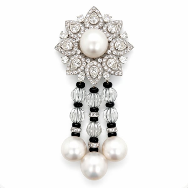 ELLAGEM 18K White Gold Diamond & South Sea Pearl Brooch