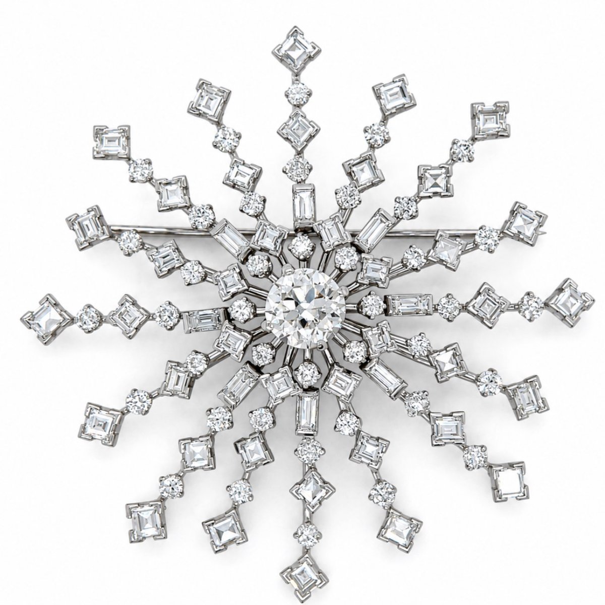 Art Deco Platinum GIA Certified Diamond Starburst Brooch