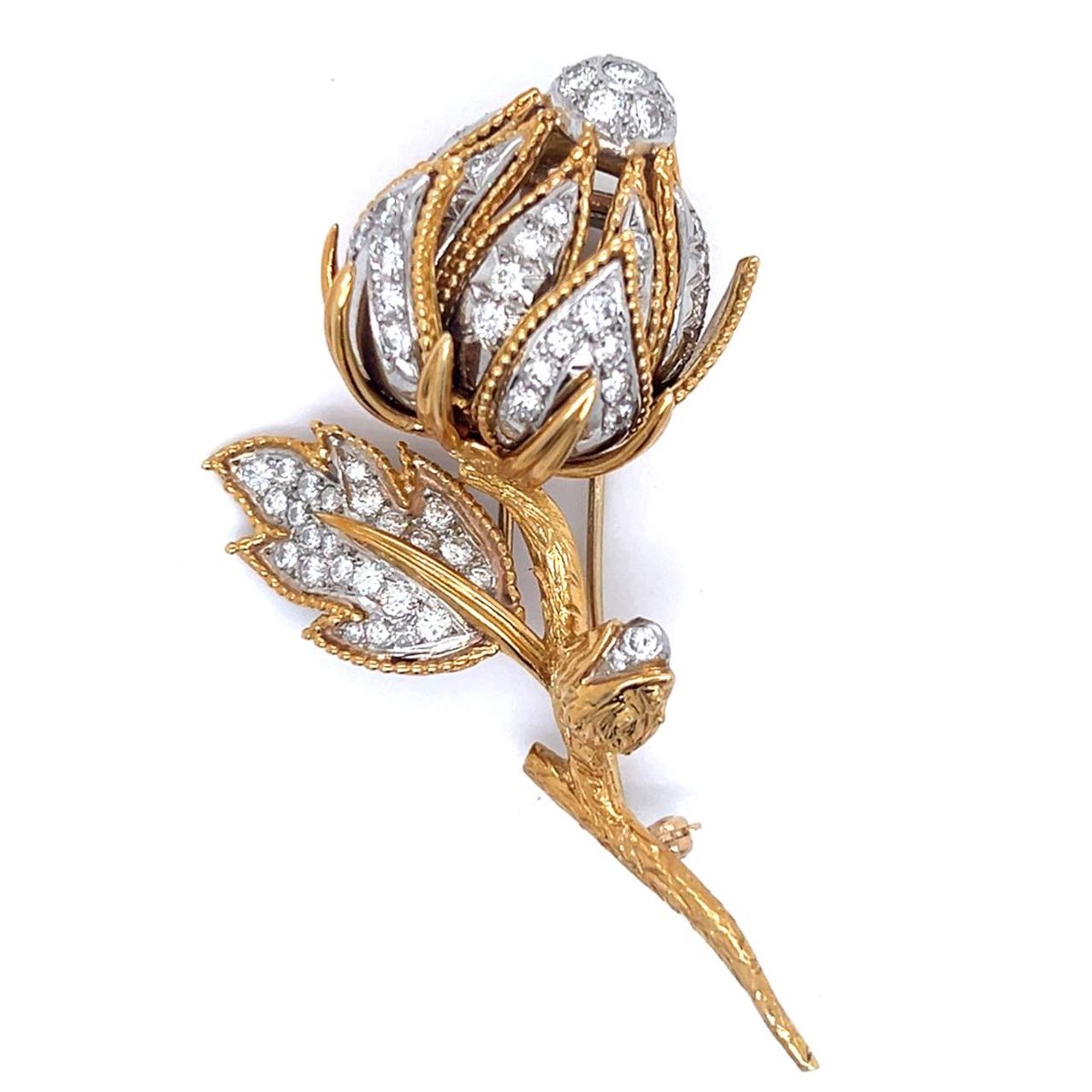 1960’s 18K Yellow Gold Diamond Flower Brooch
