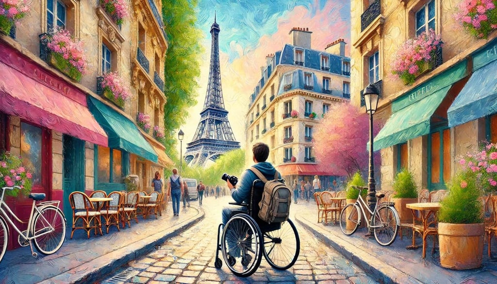 An impressionist-style painting of a wheelchair user joyfully exploring a Parisian street with the Eiffel Tower in the background. The scene includes flower-adorned balconies, outdoor cafes, and bicycles, depicted with soft brushstrokes and pastel colors, evoking a serene, dreamy vibe.
