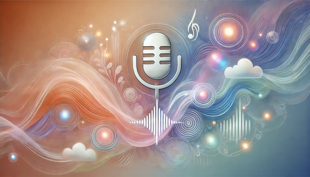 An abstract representation of sensory inclusion with a podcast theme. Soft flowing shapes, calming pastel colors, and gentle glowing lights blend with subtle elements like a microphone, sound waves, and a headphone outline. The image evokes a sense of peace, accessibility, and engaging conversation, symbolizing an inclusive audio experience.