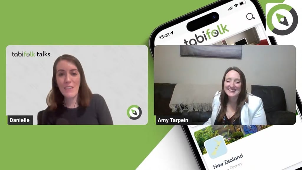 A virtual talk show titled "tabifolk talks" features Danielle and Amy Tarpein in a split-screen video call with a tabifolk app backdrop.