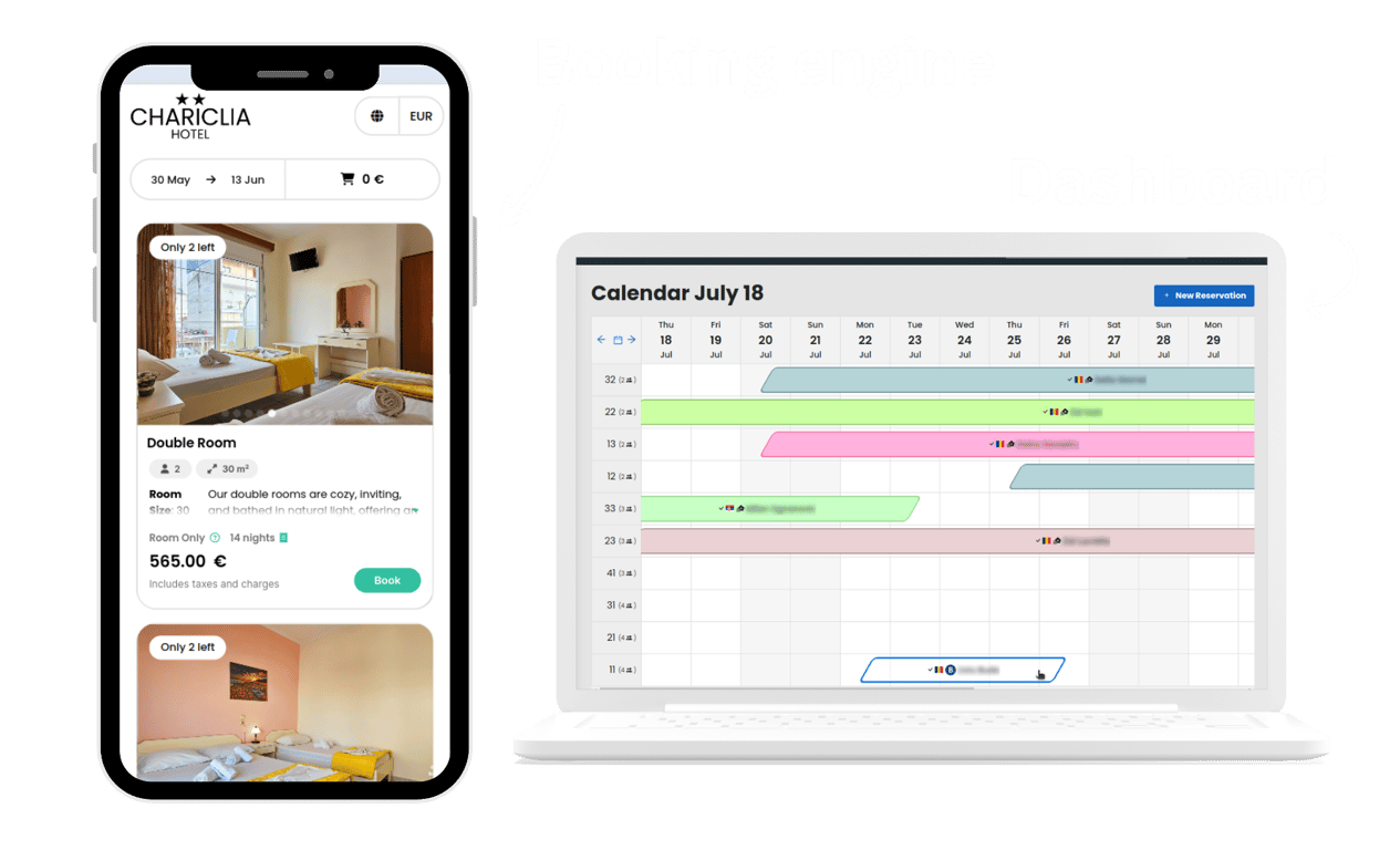 Booking engine on a phone and the calendar on a laptop