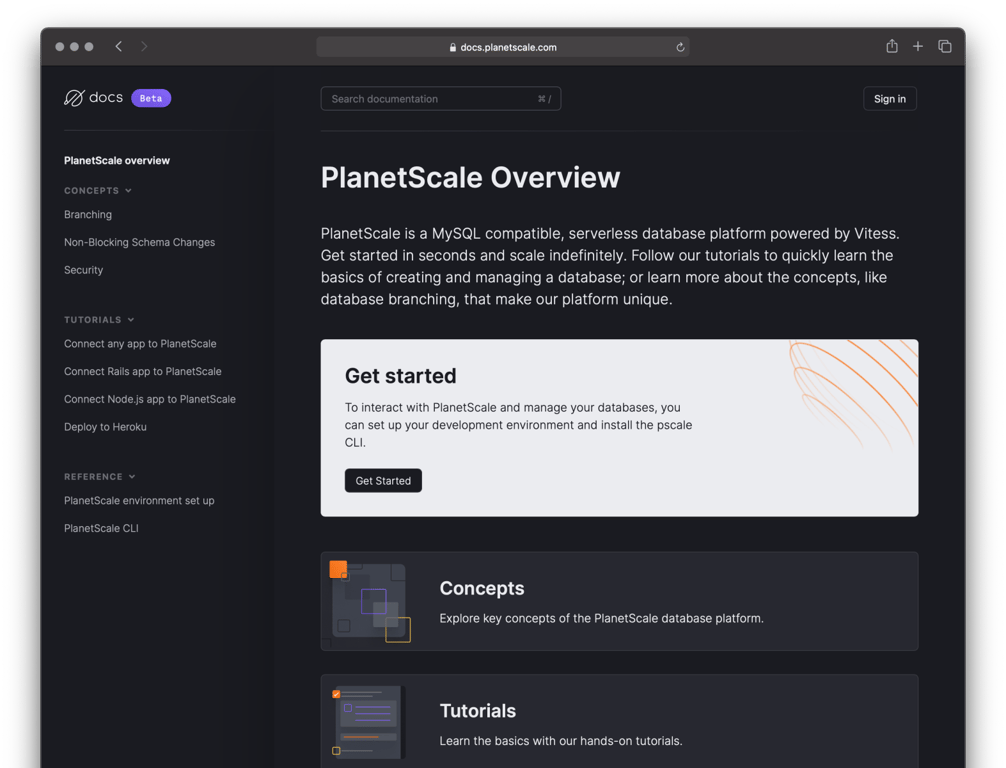 PlanetScale Docs homepage after refresh