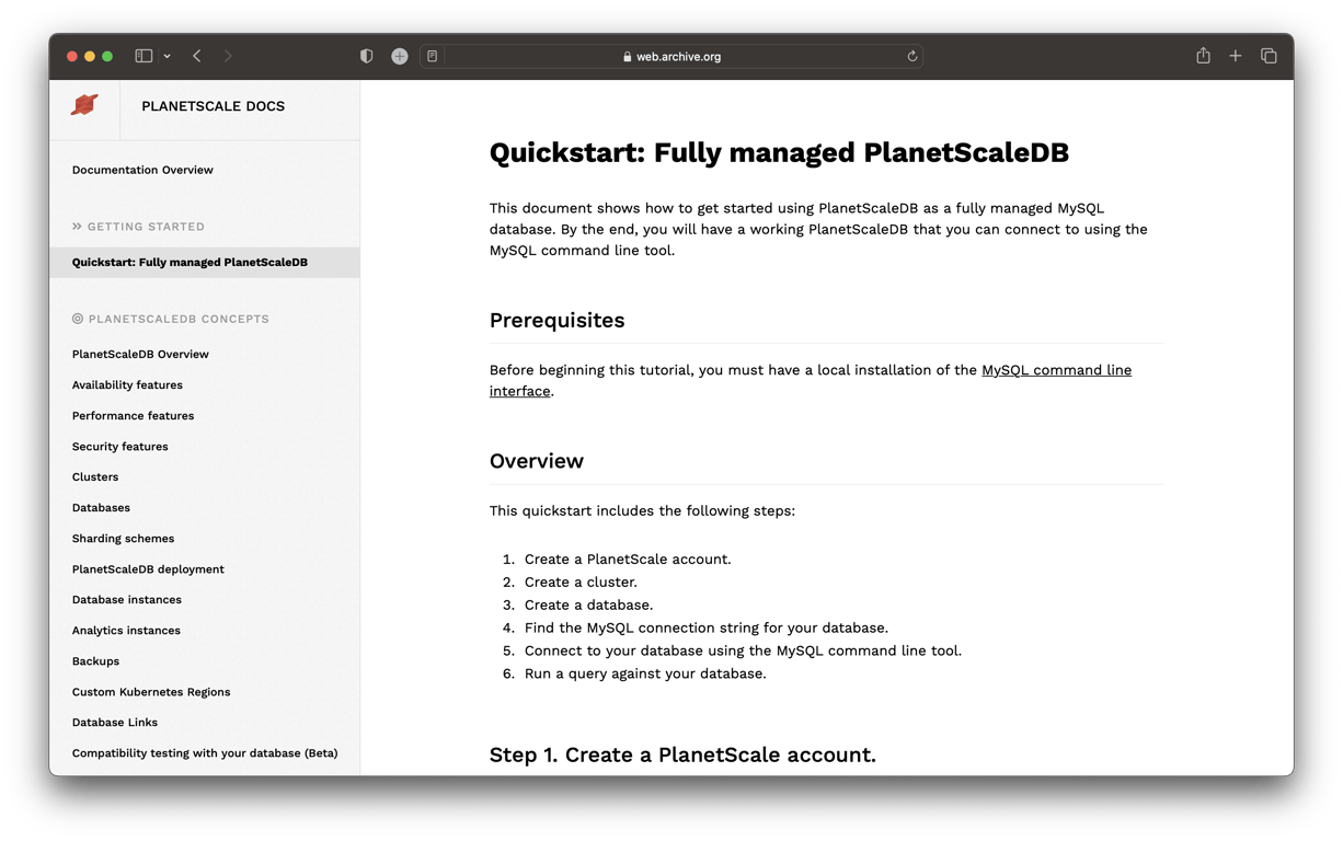 PlanetScale Docs homepage before refresh