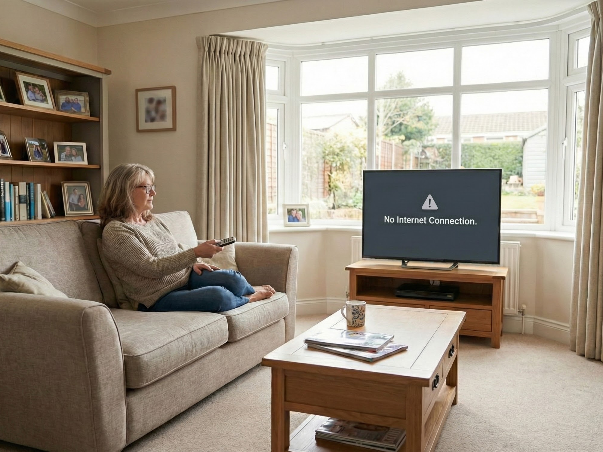 Woman looking at a TV showing an error.